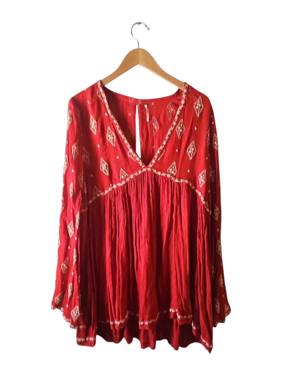 Free People Red Diamond Floral Cream Embroidered Boho Top Tunic Sz Large WT136 - Picture 4 of 9
